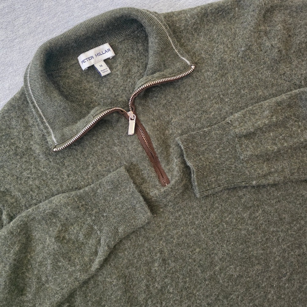 Peter Millar Kids Olive Green Merino Wool Lyocell Quarter Zip Sweater Size M